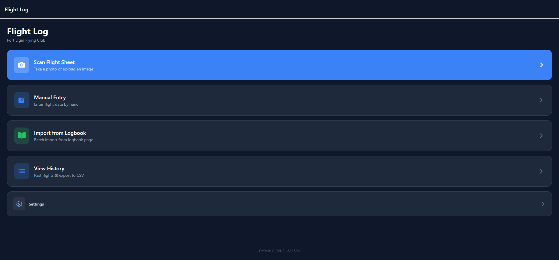 Flight Log Home Screen